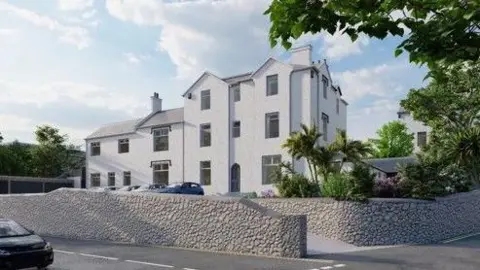 An artist's impression of how Brampton Court will look - showing a white building of two and three storeys with cars parked in front and a stone wall.