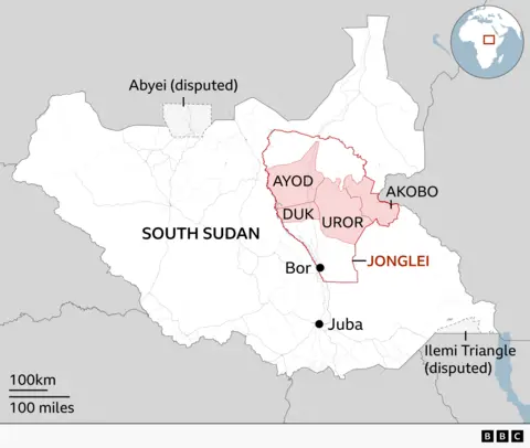 A map of South Sudan showing the capital city Juba, Jonglei state, the county of Akobo, the county of Ayod, the city of Bor, the county of Duk, and the county of Uror.