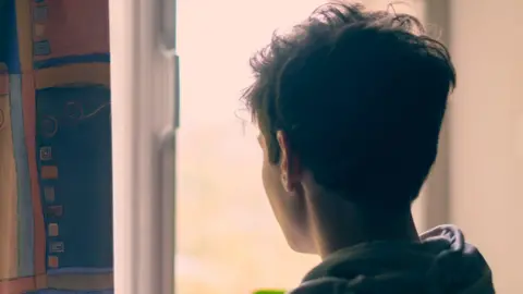 A child seen from the back looks out of a window