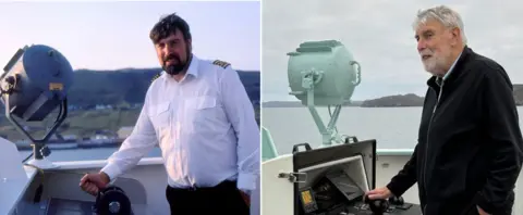 CalMac A composite image showing Alex Morrison, a man in a white shirt with epaulettes on board Hebridean Isles in 1991 and the same man, now with grey hair, picture on board in 2024