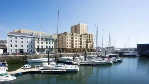 An illustration of the development from across the harbour. It shows the a series of light-coloured buildings next to other lower buildings on North Quay. There are boats moored in the harbour in the front.