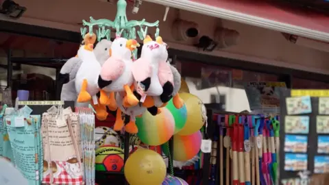 I tourist shop in Torquay. It has toy seagulls, footballs, sand castle shovels and magnets.