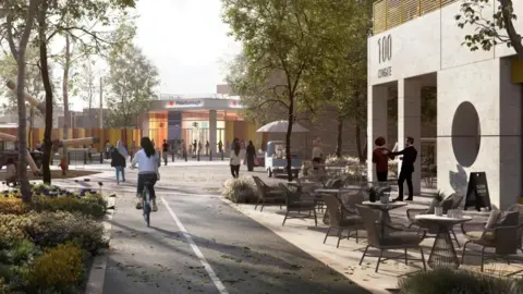 Peterborough City Council Peterborough train station new plans artists impression image - with the station entrance in the background and people walking and cycling towards it and a cafe with outdoor seating on the right side