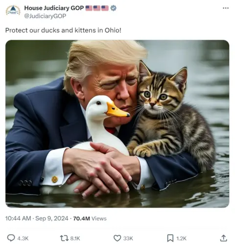 X/JudiciaryGOP A screenshot of the official X account of the Republican House Judiciary Committee with an AI-generated image of former President Trump hugging a duck and a cat, with the caption "Protect our ducks and kitties in Ohio!".