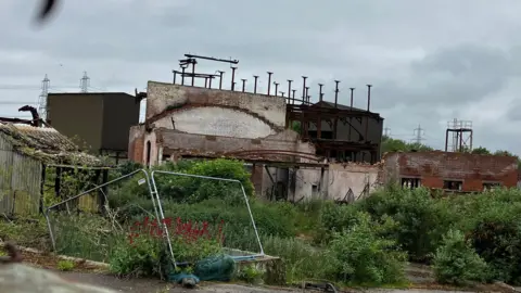 A derelict building is standing in the middle of lots of green bushes. The picture has been taken after a fire, so it has metal structure pole visible.