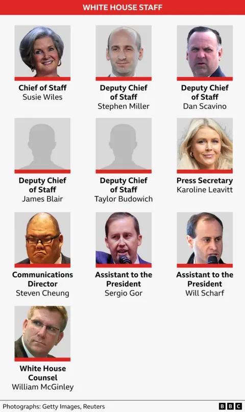 A graphic showing what White House Staff roles have so far been appointed, with headshots of Susie Wiles, Stephen Miller, Dan Scavino, Karoline Leavitt, Steven Cheung, Sergio Gor. Will Scharf and William McGinley. There are no photos for James Blair or Taylor Budowich.