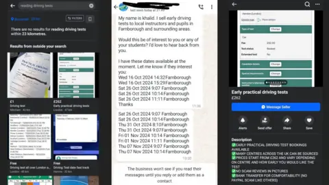 Three phone screenshots show Facebook adverts and Whatsapp messages about driving tests for sale