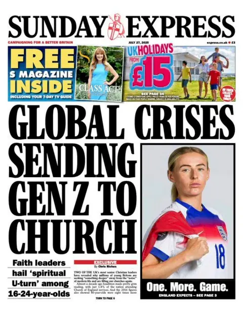 The Sunday Express front page, with the headline "Global crises sending Gen Z to church".