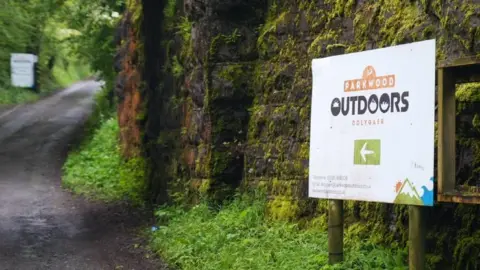 A sign reading "Parkwood Outdoors Dolygaer"