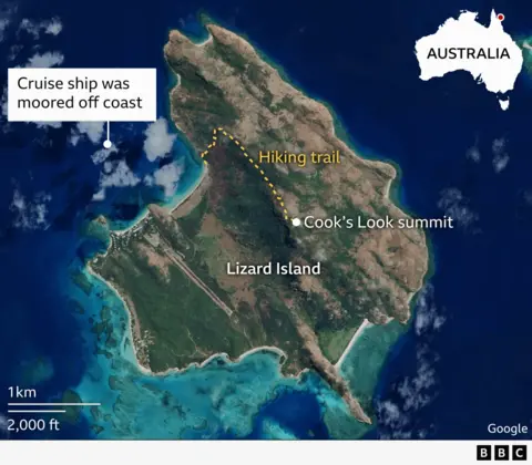 Satellite image of Lizard Island, with Cook's Look summit and a hiking trail identified. A dot point also shows where the cruise ship was moored off the coast of the island.