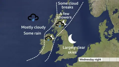 Weather map showing forecast conditions across the UK on Wednesday night, with largely clear skies across much of England and Wales, while Scotland and Ireland have more cloud and some rain.