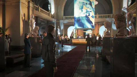 IO Interactive A screenshot from the new Bond game showing the spy in a hotel lobby in Kensington.