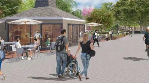 West Lindsey District Council Artist's impression of what the cafe will look like following the renovation. It has large glass panels and a seating area outside with umbrellas. There area  also a number of people in the shot, along with trees in the background.