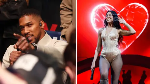 Split image of Anthony Joshua pointing and Dua Lipa peforming