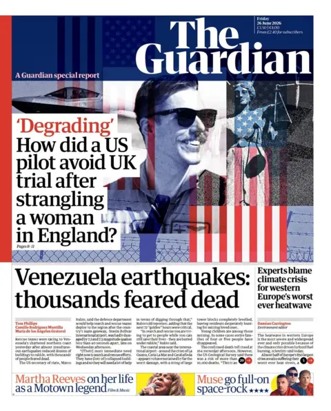 "'Degrading' How did a US pilot avoid UK trial after strangling a woman in England?" reads the headline on the front page of the Guardian.