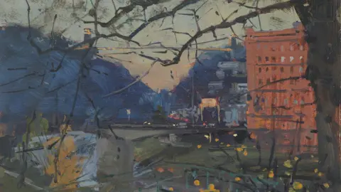 Peter Brown An oil painting showing the Avon Gorge in Bristol. A bare tree is blocking the view of the Clifton Suspension Bridge. A red-brick building can be seen to the right of the frame. 