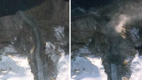 Copernicus Sentinel data, 2023/ESA Two satellite images taken before and after a landslide in a Greenland fjord  