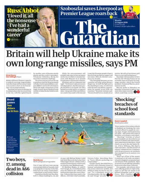 The headline on the front page of the Guardian reads: “Britain will help Ukraine make its own long-range missiles, says PM”.