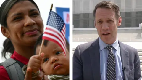 A parent holding a child on the left and Will Grant on the right. 