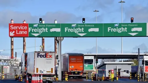 Getty Images Trucks check in at Holyhead port in Anglesey, north Wales