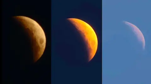 Dpdsmith/BBC Weather Watchers Three images of the Moon side by side. In each image, the sky is brighter as the moon turns yellow and gradually becomes less visible. 