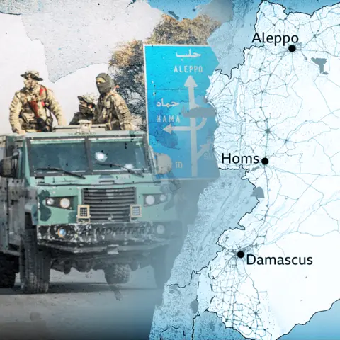 BBC An image of anti-government rebel fighters on a vehicle with a map showing imposed Syria in the foreground. 