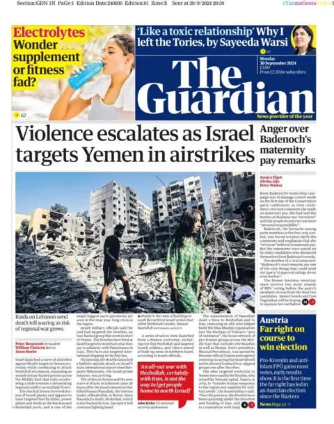 The Guardian front page for 30 September