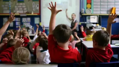 Pupils in a red uniform face a teacher with their backs to the camera and have their hands in the air as she speaks. There are about 15 boys and girl in the classroom with a teacher at the front, slightly blurred in the image.