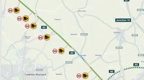 National Highways A map demonstrates where speed restrictions and average speed cameras will be on the A5 between Thorn Roundabout and Little Brickhill