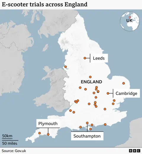 Graphic headlined: E-scooter trials across England. It shows a map of England with the 30 locations of the trials each represented by a dot. Cambridge, Leeds, Plymouth and Southampton are all labelled. Source: Gov.uk