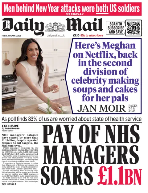 Halaman depan Daily Mail tanggal 3 Januari 2025 - judulnya berbunyi "Gaji manajer NHS melonjak £1,1 miliar"