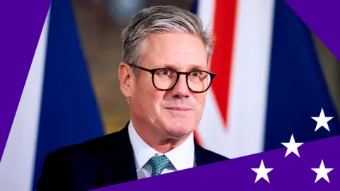 Reuters Sir Keir Starmer standing in front of a Union Jack with a jagged purple border with white stars