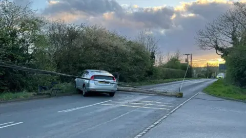 A car crashed into a bush with a telegraph pole blocking the road