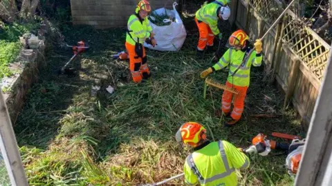 Emmaus A team from Ringway Infrastructure Services wearing hi-vis clothes helping clear the garden on a sunny day. There is a garden shed in the background.