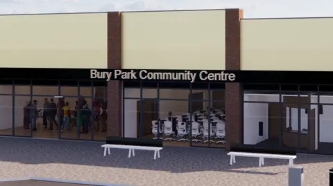 A computer generated image of a glass-fronted building labelled “Bury Park Community Centre".