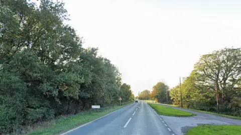 View of the A1035 road near Tickton. It has a two carriageways with trees and hedges along both sides of the road.