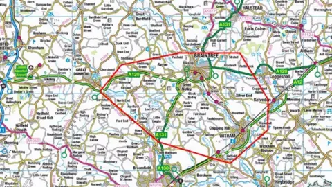 Essex Police A map showing Braintree and Witham in Essex. The police have added a red line showing the extent of the dispersal order.