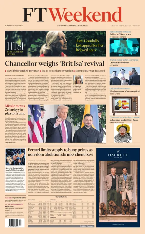 The headline on the front page of the Financial Times reads: "Missile moves Zelensky in plea to Trump".