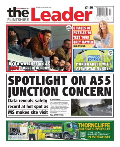 The Flintshire Leader The front page of the Flintshire Leader. The main headline reads: 'Spotlight on A55 junction concern'. Other headlines read: 'Ryan watches in as reds suffer defeat' and 'man charged with attempted murder'