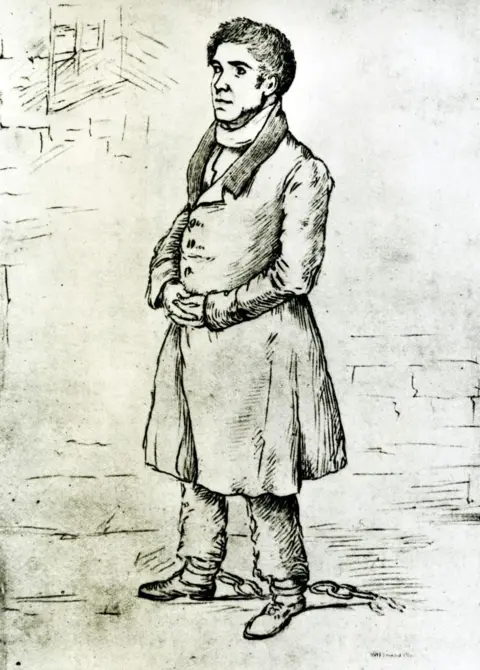 Getty Images A drawing of William Burke in his cell before being hanged, by Benjamin Crombie