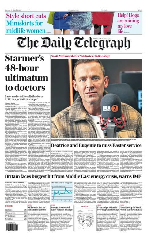 The headline on the front page of the Telegraph reads: “Starmer's 48-hour ultimatum to doctors”.