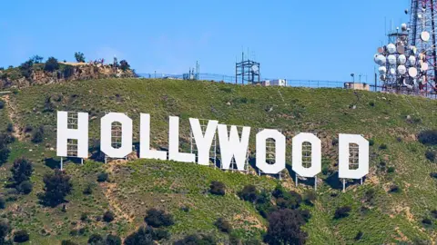 General view of the Hollywood Sign above Lake Hollywood on 4 April, 2025 in Hollywood, California. 