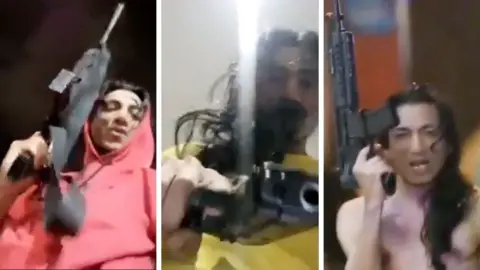 Social media A composite of three images of a man with long dark hair holding up guns, it is not clear if they are real or fake
