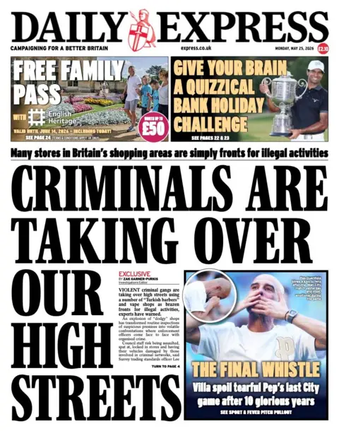 "Criminals are taking over our high streets" reads the headline on the front page of the Daily Express.