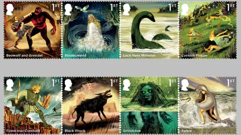 PA Media Set of 8  stamps depicting antithetic  mystical creatures and figures from UK folklore