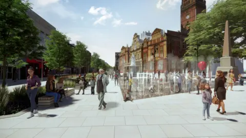A CGI artist's impression of the area next to the Town Hall on the Parade. The area has become pedestrianised, with tree, benches and a fountain seen in the background. People can be seen walking through the square.