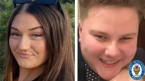 Family/West Midlands Police A composite picture showing close ups of two teenagers smiling. On the left is a girl with long brown hair and sunglasses pushed back on her head. the boy has fair hair and is wearing a black and white spotted shirt and dark jacket.