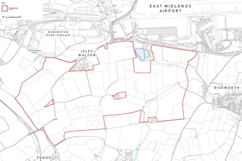 Pegasus Group A black and white map with a red outline showing the areas of farmland that form the Isley Woodhouse scheme and nearby villages and other landmarks such as Donington Park and the airport