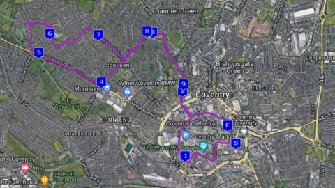 Run For All An aerial map showing the route of Coventry 10k, with blue markers every 1km