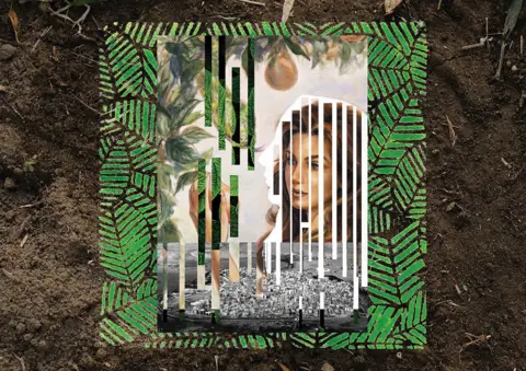 Reem Baeshen Collage of a photograph of a woman, a city and some leaves